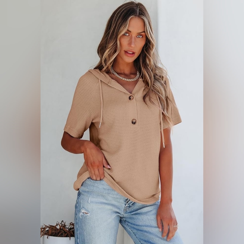 Casual Waffle Knit Hooded Short Sleeve Top - Tan